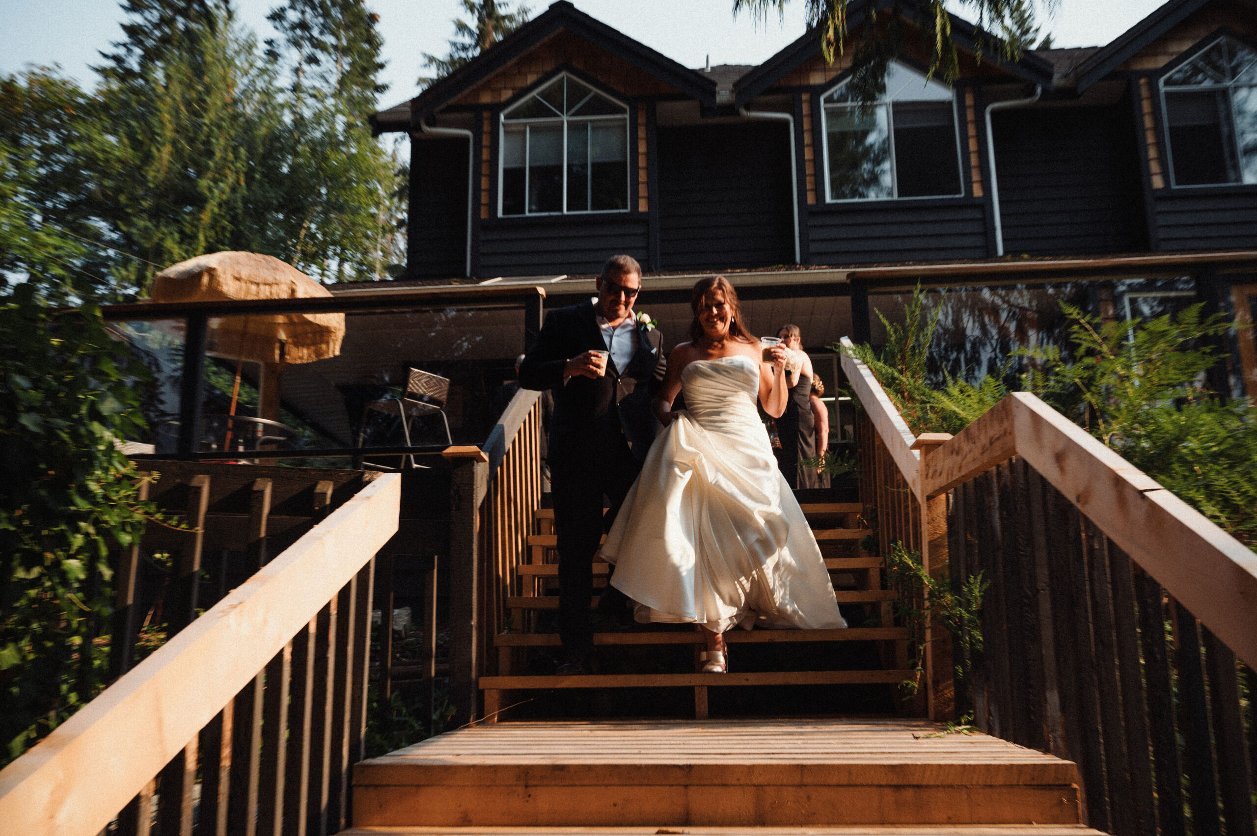 Couple walking down stairs at their elopement